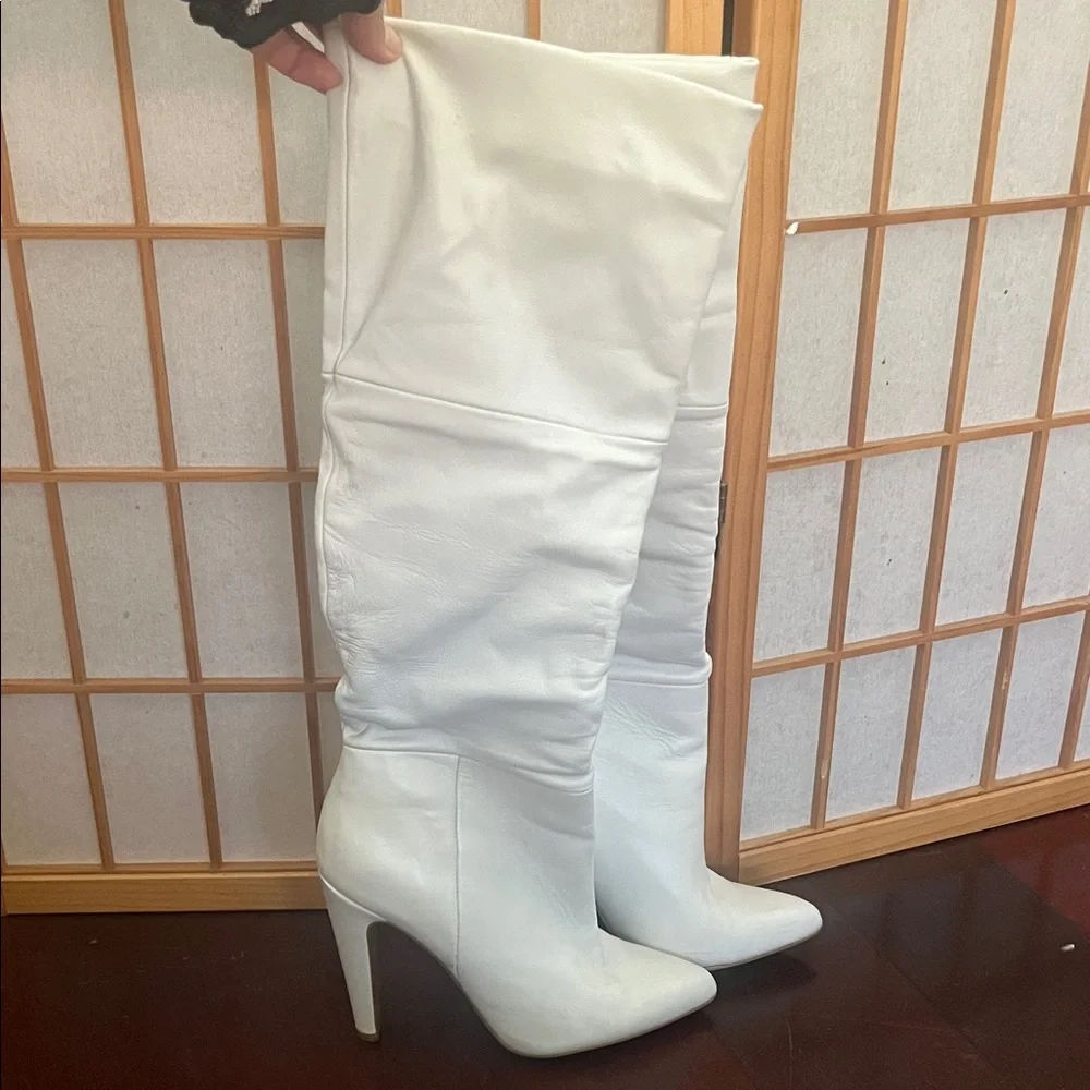 White Leather At-the-Knee Stiletto Boots